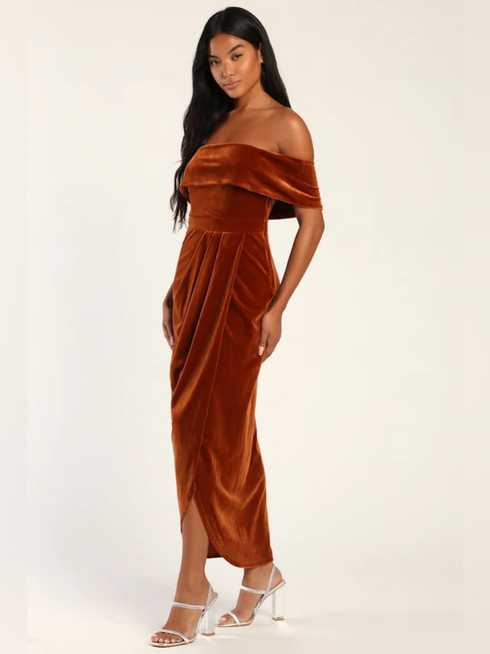 ▪️ I'm Enchanted Rust Orange Velvet Off-the-Shoulder Maxi Dress